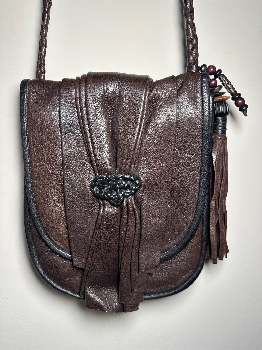 Artist made Dark Brown and black Leather Crossbody Bag with Tassel Detail
